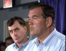 Pennsylvania Gov. Tom Ridge, right, with Lt. Gov. Mark Schweiker, left, briefs reporters at a news conference in Harrisburg, Pa., Monday, Sept. 11, 2001, on what the State of Pennsylvania is doing to combat any terrorist activity in the state, following attacks in New York and in Washington. (AP Photo/Paul Vathis)