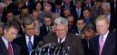 From front left: Sen. Tom Daschle, D-S.D., Senate Majority Leader; Sen. Trent Lott, R-Miss., Senate Minority Leader; House Speaker Dennis Hastert, R-Ill.; Rep. David Bonior, D-Mich., House Minority Whip; and Rep. Richard Gephardt, House Minority Leader; show unity by leading a prayer with other members of Congress, on Capitol Hill,  Tuesday, Sept. 11, 2001, in Washington, after a day which saw two planes crash into the World Trade Center in New York, and one into the Pentagon, all considered acts of terrorism. (AP Photo/Kenneth Lambert)