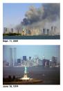 This combo shows the New York skyline with the Statue of  Liberty in the foreground. The top image is taken shortly after two airliners crashed and brought down the two towers of the World Trade Center Tuesday, Sept. 11, 2001. The bottom image shows the World Trade Center towers June 18, 1974, just over a year after they were dedicated. (AP Photo)