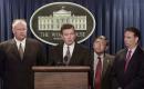 Attorney General John Ashcroft, center, briefs reporters at the White House, as he joined by, from left, FEMA director Joe Allbaugh, Transportation Secretary Norman Mineta, and Secretary of Health and Human Services Tommy Thompson Tuesday, Sept. 11, 2001, in Washington. (AP Photo/Pablo Martinez Monsivais)