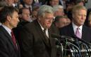 The Senate and the U.S. House leaders are joined by members of both houses as Congress gathers on the Capitol steps in Washington Tuesday, Sept. 11, 2001, to show unity in the wake of terrorist acts in Washington and New York.  Left to right are Senate Majority Leader Tom Daschle, D-S.D., House Speaker Dennis Hastert, R-Ill., and House Minority Leader Dick Gephardt, D-Mo. (AP Photo/Dennis Cook)