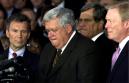 The Congressional leadership pauses in silence before making statements about the terrorist attacks in New York and Washington on the steps of the U.S. Capitol, Tuesday Sept. 11, 2001 in Washington. Sen. Majority Leader Tom Daschle, D-S.D., left, House Speaker Dennis Hastert, R-Ill., Sen. Minority Leader, Trent Lott, R-Miss., and House Minority Leader Richard Gephardt, D-Mo.  All government agencies were closed in Washington.The Congressional leadership held a press conference and prayer ceremony on the steps of the Capitol.  (AP Photo/Joe Marquette)