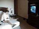 United States Women's National Soccer Team captain Julie Foudydoes phone interviews from her Columbus, Ohio hotel room Tuesday, Sept. 11, 2001, while watching the disaster coverage on CNN.  The USA's match with Japan in Columbus was cancelled. (AP Photo/US Soccer/HO)