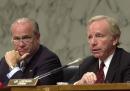 Senate Government Affairs Committee Chairman, Joseph Leiberman, D-Conn., right, calls for development of a 'homeland defense' system during a hearing on critical infrastructure on Capitol Hill Wednesday, Sept. 12, 2001, as Congress resumed work following Tuesday's terrorist attacks in New York and Washington. At left is ranking Republican committee member Sen. Fred Thompson, R-Tenn.  (AP Photo/Dennis Cook)