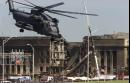 A military helicopter takes off after dropping off personnel at the Pentagon, Wednesday, Sept. 12, 2001, as work continued at the Pentagon after a terrorist crashed a hijacked airliner into the building Tuesday. (AP Photo/Ron Edmonds)