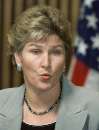 Counselor to the President Karen Hughes briefs the press on the status of the U.S. Government after terrorist attacks inside the U.S. while making a statement at the FBI Headquarters in Washington, September 11, 2001. New York and Washington were targeted for terrorist attacks earlier in the day.   REUTERS/Larry Downing