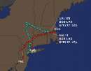 The flight paths of American Airlines Flight 11 (red arrows) and United Airlines Flight 175, (blue arrows) both out of Boston, Massachusetts en route Los Angeles, California, are shown in this handout graphic September 11, 2001. Both flights were apparently hijacked and slammed into the twin towers of the World Trade Center on Tuesday morning, causing both 110-story landmarks to collapse in devastating clouds of flames and smoke and killing a 'tremendous number' of people. REUTERS/FlightExplorer.com/Handout