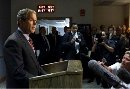 President George W. Bush said September 11, 2001 that the United States had taken all appropriate steps to protect the American people and would hunt down and punish those responsible for the attacks on the World Trade Center and the Pentagon. Bush is seen making his statement at Barksdale AFB near Shreveport, Louisiana.  (Win McNamee/Reuters)