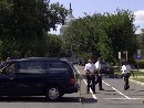 The triple terror attacks in New York and Washington September 11, 2001 forced the first mandatory evacuation of the U.S. Capitol building and sent congressional leaders into a safe but secret location. Lawmakers were told at a late afternoon briefing that the House would reconvene at 10 a.m. Wednesday, according to California Democratic Rep. Maxine Waters. There was no immediate word on when the Senate would return but congressional aides said they expected a similar schedule.  Police officers stand guard outside the Capitol and the Supreme Court following the attacks.  (Brendan McDermid/Reuters)