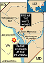 A plane crash at the Pentagon and a fire near the White House rocked the nation's capital on September 11, 2001, shutting down the federal government and causing massive gridlock as workers fled town. Gray smoke billowed from the five-sided building as the more than 20,000 civilians and military men and women who work in the building streamed into the surrounding parking lots. There was no immediate word on casualties in the attacks, which came after two planes slammed into the World Trade Center in New York. (Michael Sales/Reuters Graphic)