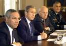 U.S. President George W. Bush holds a meeting with his national security team in the Cabinet Room of the White House, September 12, 2001. From left are Secretary of State Colin Powell, Bush, Vice President Dick Cheney and Henry Shelton, chairman of the Joint Chiefs of Staff.    REUTERS/Kevin Lamarque