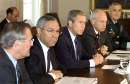 U.S. President George W. Bush holds a meeting with his national security team in the cabinet room of the White House, September 12, 2001. From left are Secretary of Defense Donald Rumsfeld, Secretary of State Colin Powell, Bush, Vice President Dick Cheney and Henry Shelton, chairman of the Pentagon Joint Chiefs of Staff.    REUTERS/Kevin Lamarque