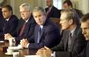 President George W. Bush (C) meets with congressional leaders in the cabinet room of the White House, September 12, 2001. From left are CIA director George Tenent, Speaker of the House Dennis Hastert (R-IL), President Bush, Secretary of Defense Donald Rumsfeld and Senate Majority Leader Tom Daschle (D-SD). The meeting comes a day after terrorists struck New York City and Washington.      REUTERS/Kevin Lamarque