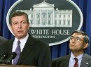 Attorney General John Ashcroft (L) speaks while Secretary of Transportation Norman Mineta listens in the White House Press briefing room in Washington, September 11, 2001. Ashcroft and FBI Director Robert Mueller will hold a news conference Sept. 12 on the attacks on the World Trade Center and Pentagon, a Justice Department spokeswoman said.  (Larry Downing/Reuters)