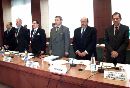 NATO Secretary General George Robertson (3rd L), Belgian Foreign Minister Louis Michel (2nd R), representing the presidency of the EU, EU Foreign Policy Chief Javier Solana (R) and unidentified EU officials hold a minute's silence at the start of an extraordinary EU foreign ministers meeting in Brussels, September 12, 2001. NATO is expected to declare later that the terror attacks on the United States come under the alliance's mutual defense arrangements, diplomats said.  (Yves Herman/Reuters)