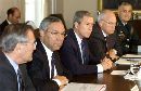 President George W. Bush holds a meeting with his national security team in the cabinet room of the White House, September 12, 2001. From left are Secretary of Defense Donald Rumsfeld, Secretary of State Colin Powell, Bush, Vice President Dick Cheney and Henry Shelton, chairman of the Joint Chiefs of Staff. (Kevin Lamarque/Reuters)