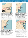 This graphic shows the flight path of the hijacked flights out of Boston, Newark and Dulles airports that were used in terrorist attacks against the World Trade Center and the Pentagon on September 11, 2001. (Michael Sales/Reuters Graphic)