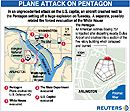 A hijacked passenger plane smashed into the Pentagon September 11, 2001, setting off a huge explosion and fire and causing untold casualties in a devastating blow to the headquarters of the U.S. military. The attack, coinciding with similar incidents at the World Trade Center in New York, set off an immediate security alert in the American capital, with all federal buildings evacuated and F-16 fighter jets scrambled overhead.  (Reuters Graphic)